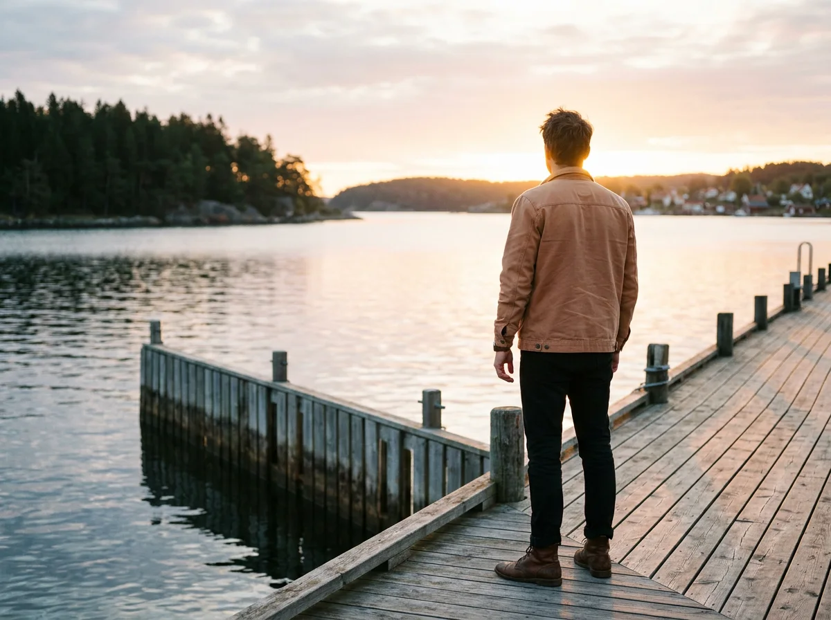 Aktiv man vid skandinavisk sjö i morgonljus