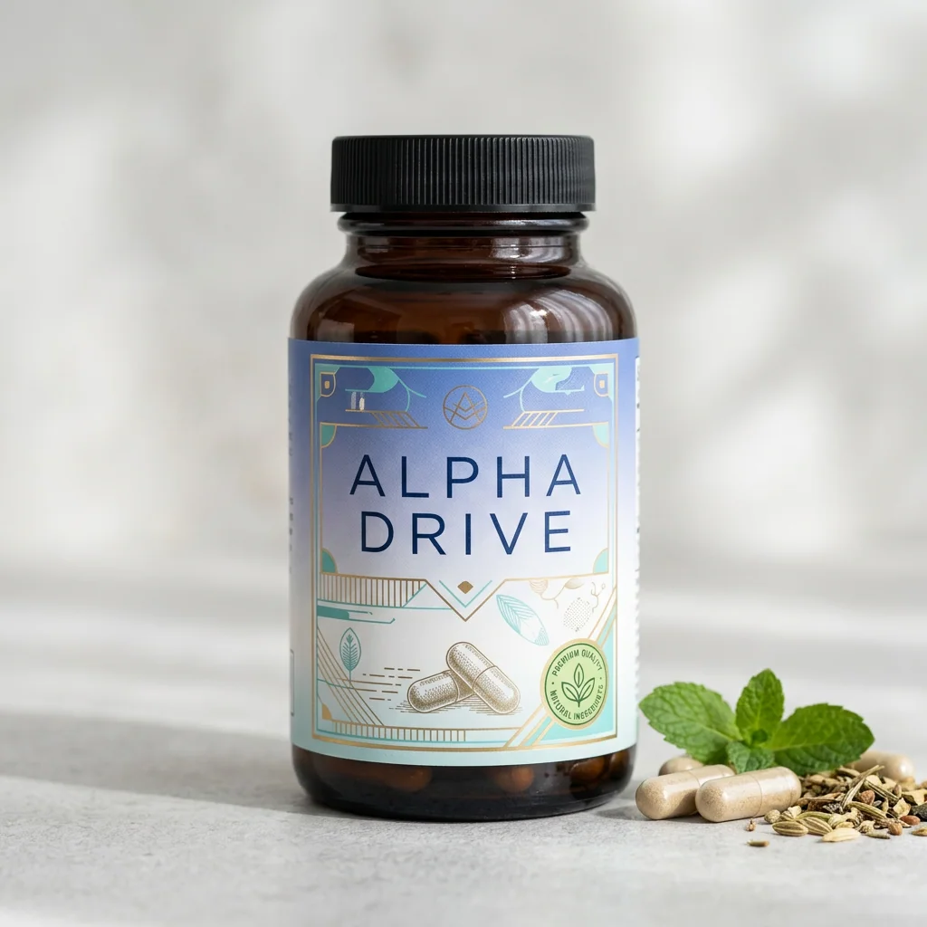 Alpha Drive kosttillskott vit burk med blå etikett